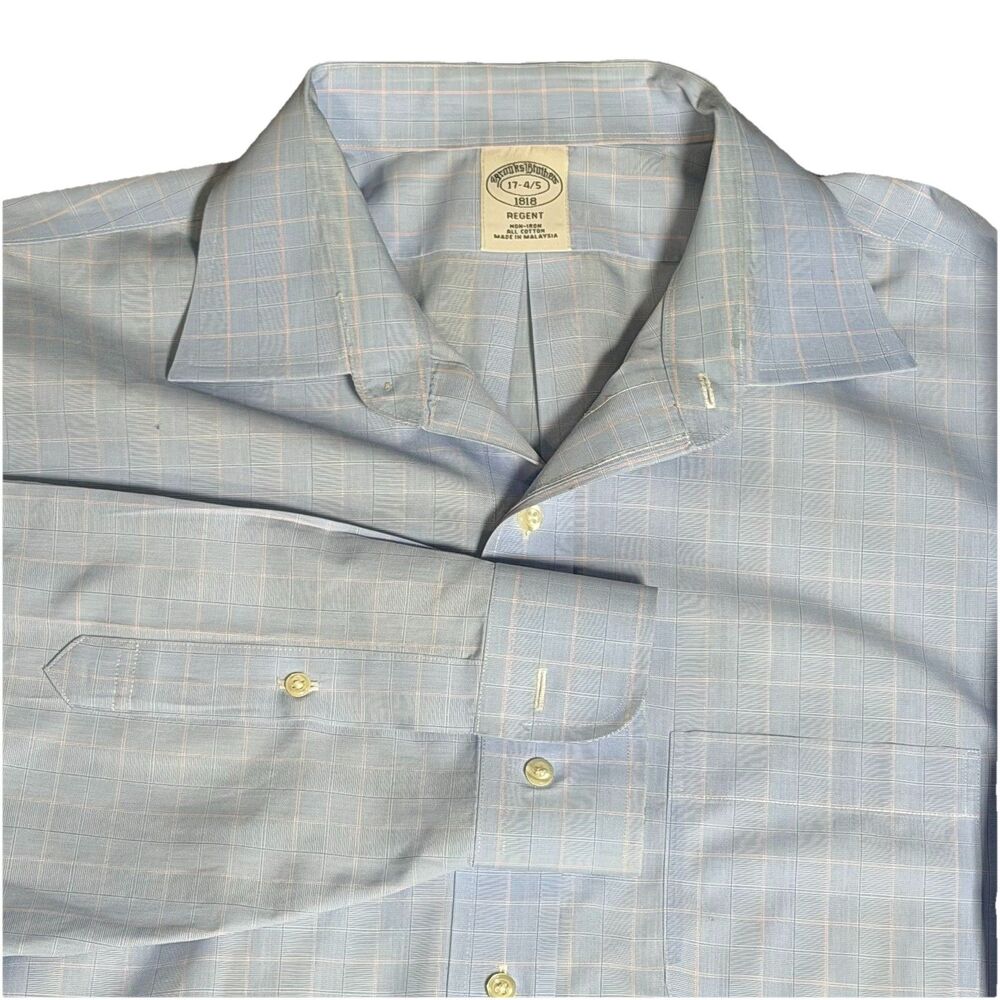 Brooks Brothers Shirt Mens 18-4/5 Blue Check Regent Non Iron‎ Cotton Long Sleeve